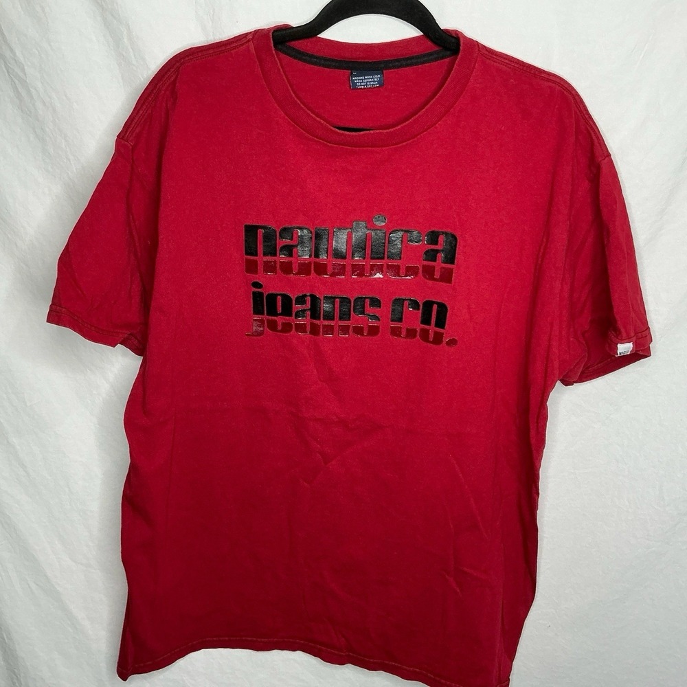 VTG Nautica Jeans Co T-Shirt Spell Out Logo Sz XL Red Gorpcore Preppy Street EUC